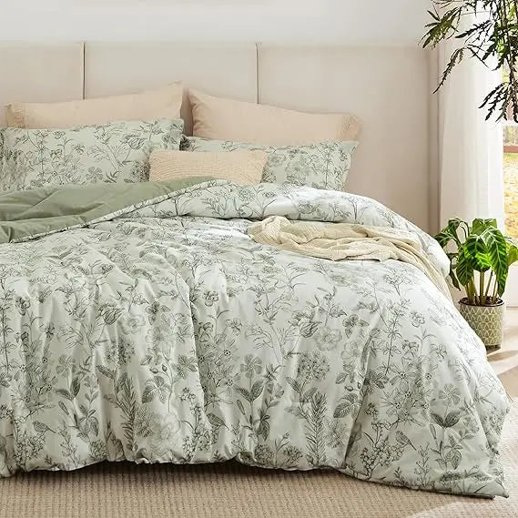 King Size Floral Comforter Set – Sage Green (3-Piece)  100% Cotton & Microfiber Filled Bedding with Reversible Design
