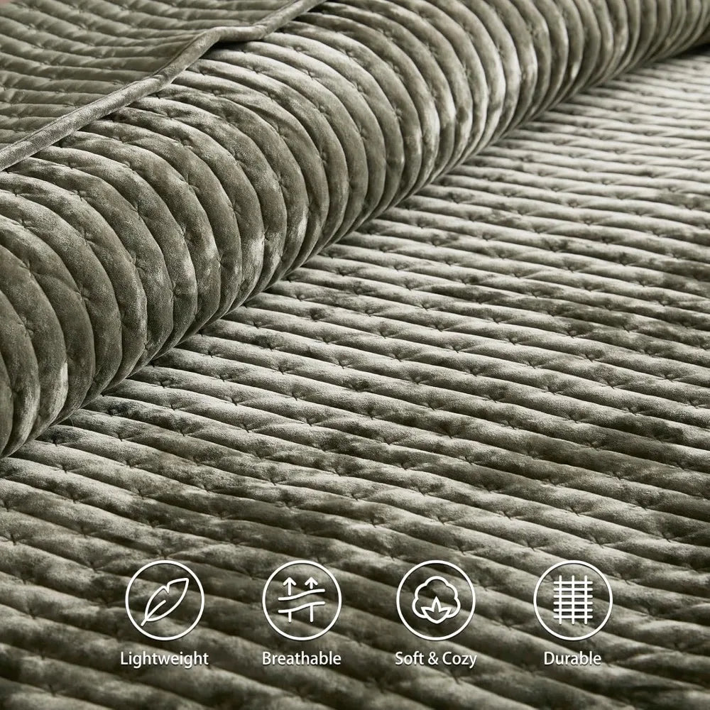 King Size Velvet Quilt Set – Olive Green Lightweight Cross Stitch Comforter with 2 Pillow Shams