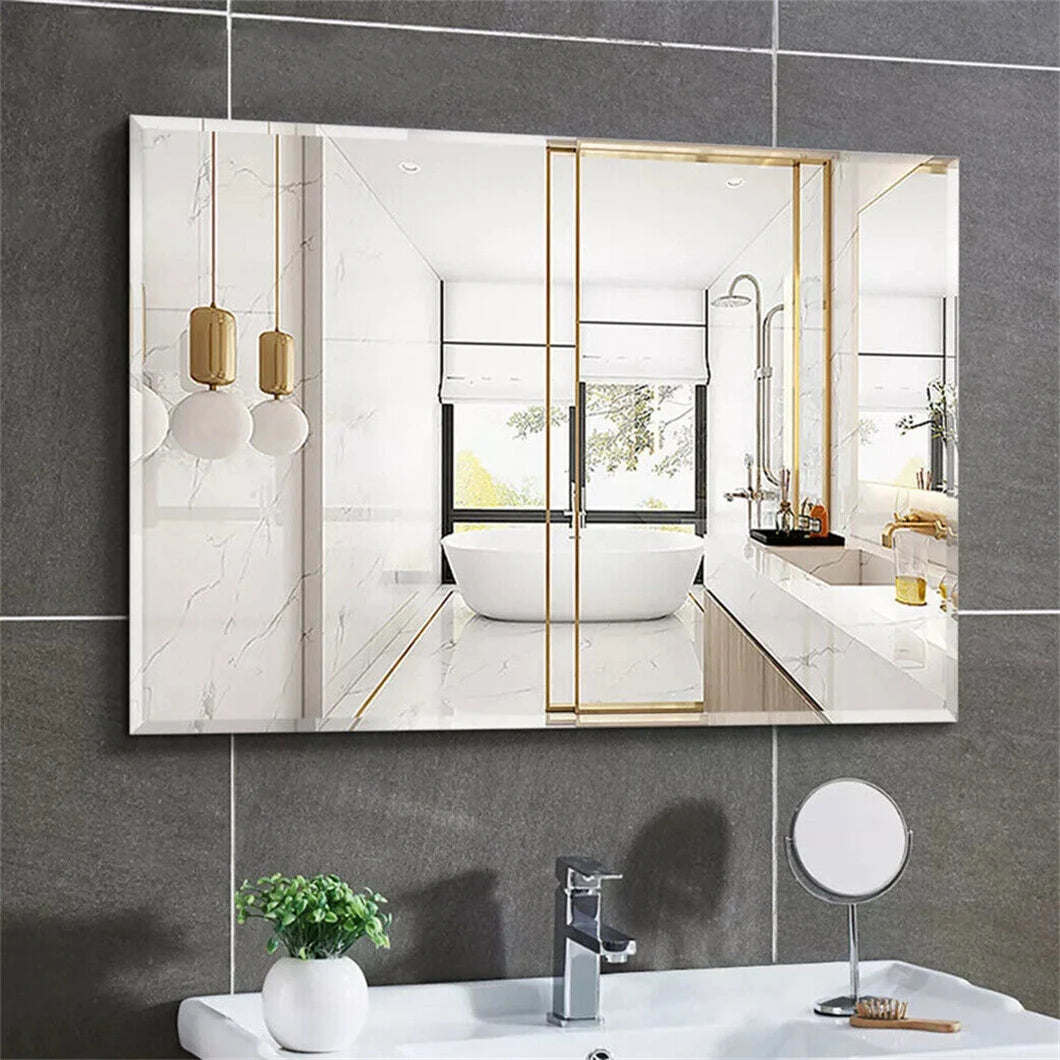 Rectangular Frameless Wall Mirror with Beveled Silver Edge – Modern Vanity & Entryway Decor Mirror for Bathroom, Bedroom, Living Room