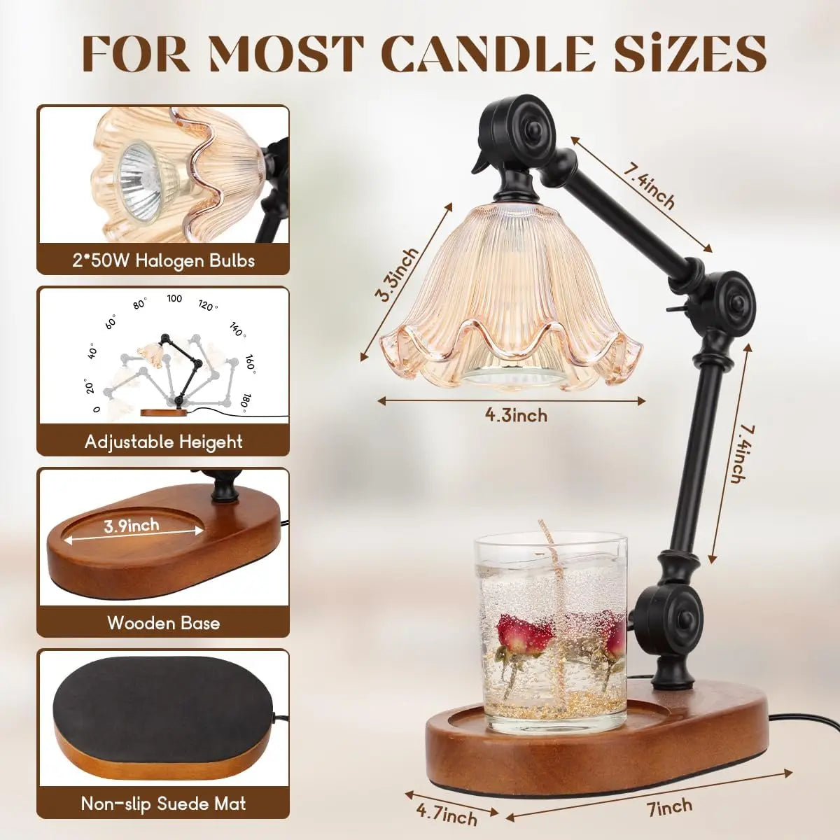Candle Warmer Lamp – Dimmable, Adjustable Height, Timer, Wax Melts Warmer for Jar Candles with 2 Bulbs