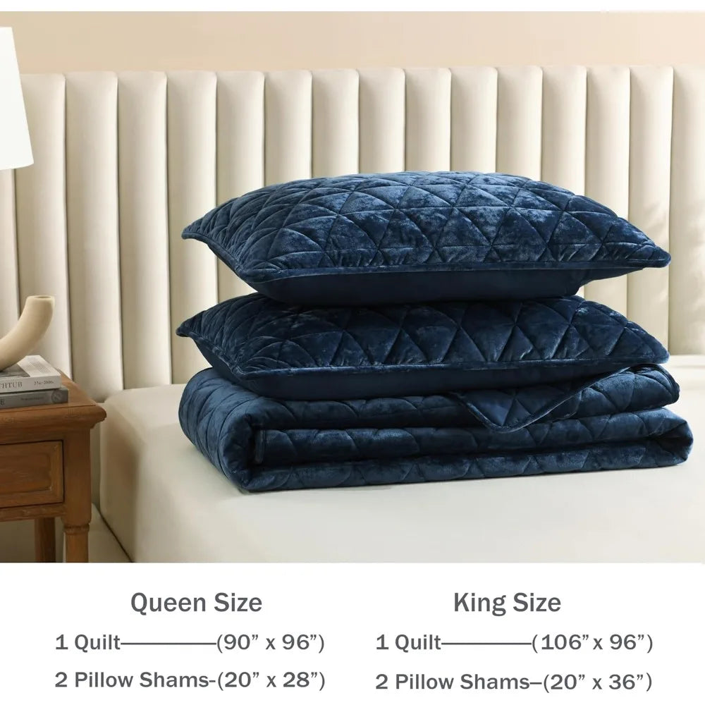Luxurious Navy Blue Velvet Quilt Set – Plush, Lightweight & All-Season Comfort