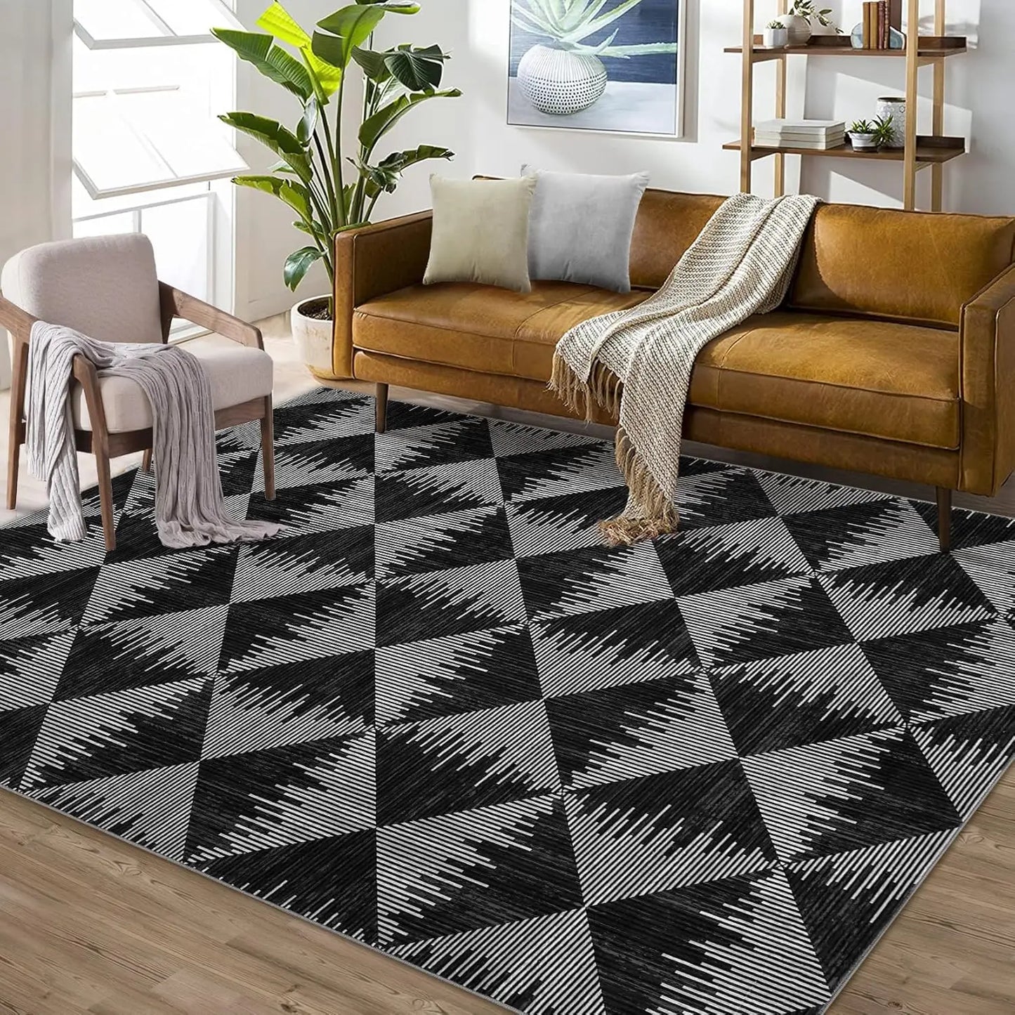 Modern Neutral Washable Area Rug – Low Pile Farmhouse Carpet