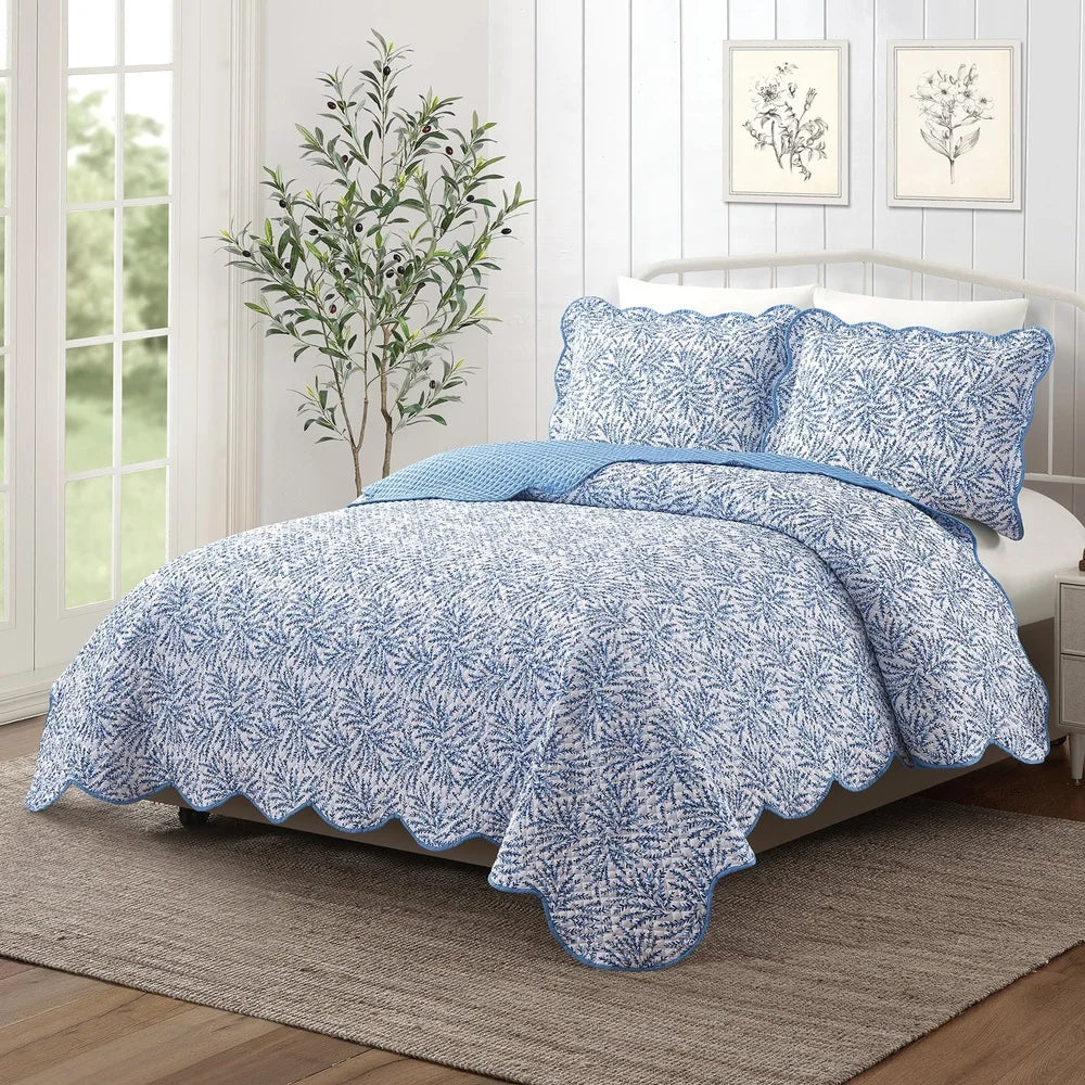 3-Piece Blue Fern Quilt Set – Soft, Cooling & Modern Elegance