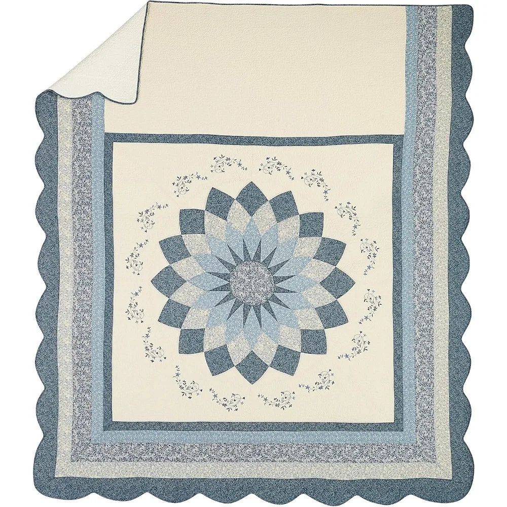Blue Floral Dahlia Quilted Bedspread – Lightweight Cotton Coverlet with Embroidered Details
