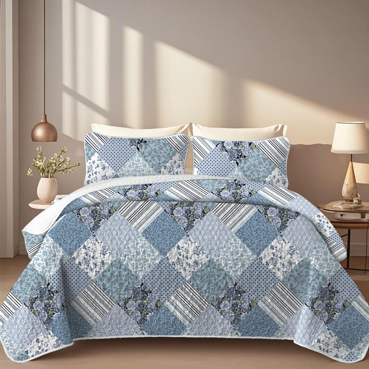 Geometric Grid Printed Quilt Set – Lightweight, Breathable & Stylish