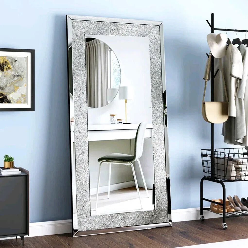 120x60cm Crystal Crush Diamond Wall Mirror – Silver Rectangular Decorative Mirror for Bathroom, Bedroom, Dining Room, and Living Room