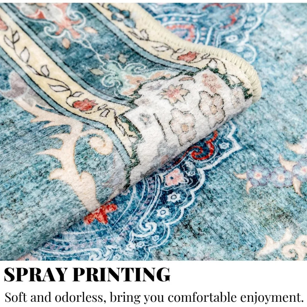 Large 8x10 Bohemian Area Rug – Soft Blue Washable Living Room Carpet with Non-Slip Abstract Design