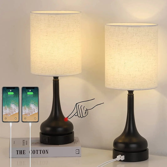 Set of 2 Touch Control Bedside Table Lamps – Modern USB Charging Nightstand Lamps