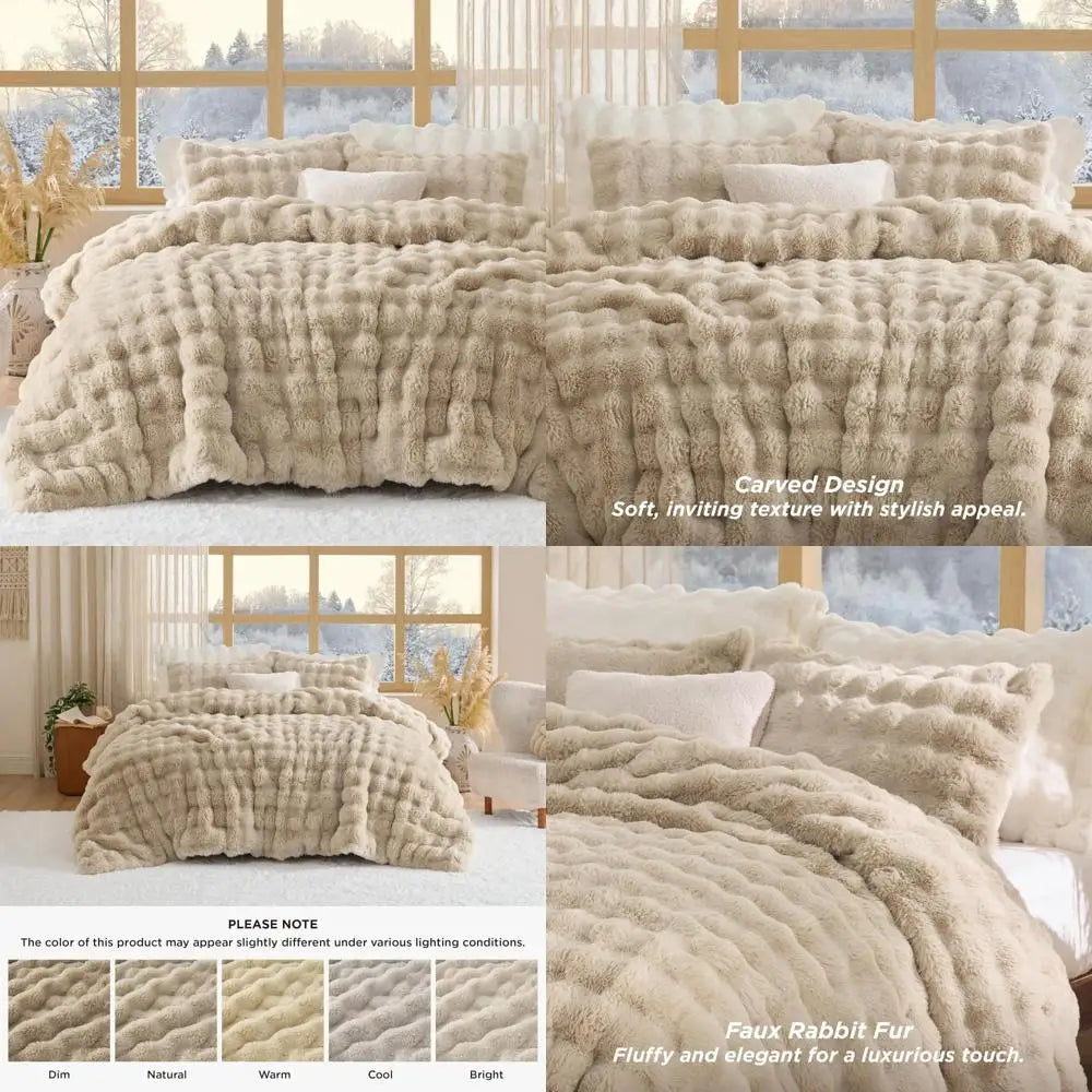 King Size Light Beige Faux Fur Fluffy Comforter Set – Plush Shaggy Bubble Bedding
