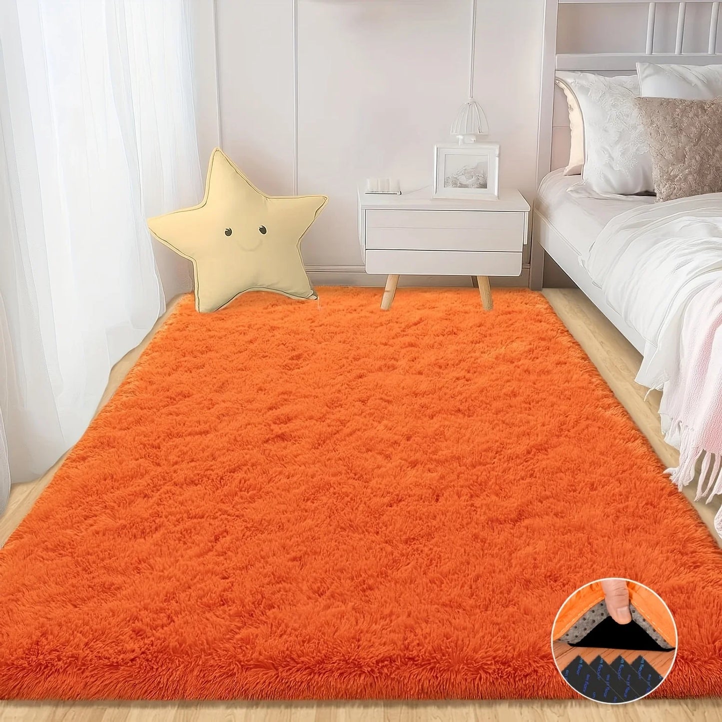 Orange Soft Shag Rug Luxury Plush Non-Slip Carpet with 4 Stickers