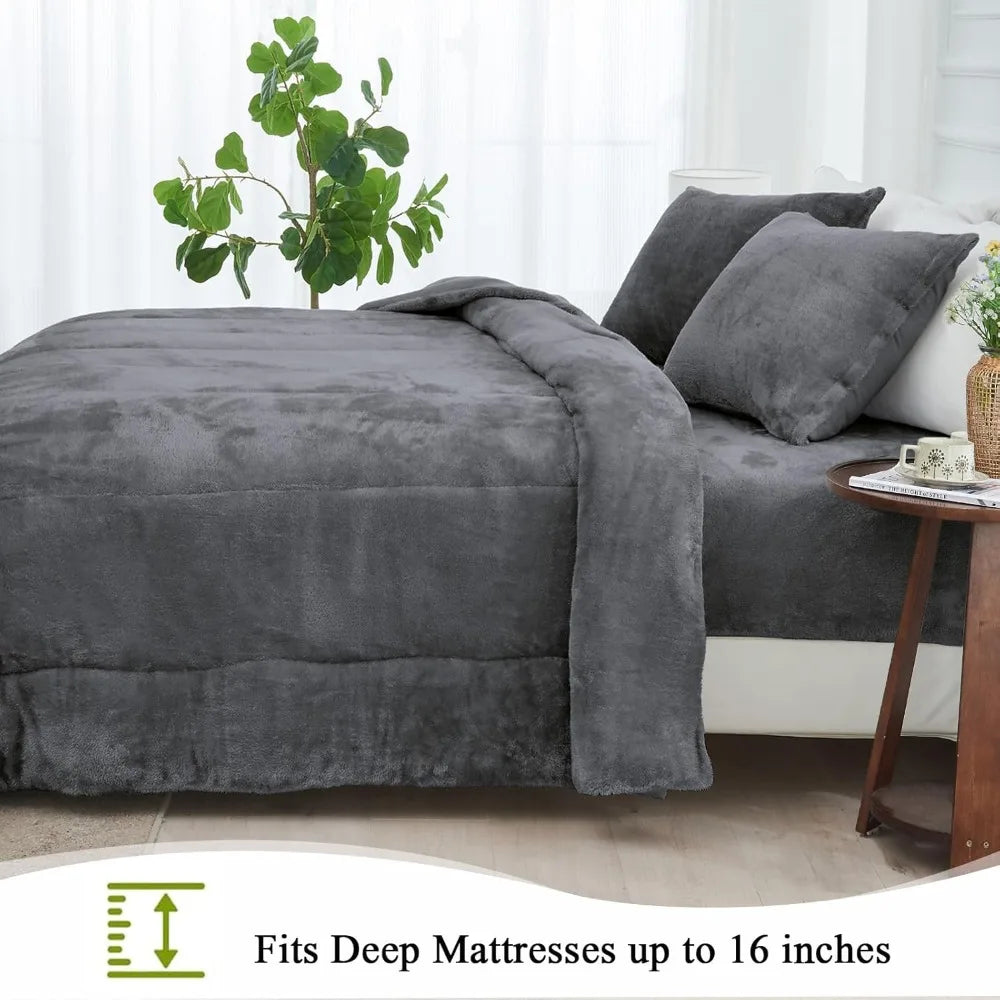 Luxury Faux Fur Queen Comforter Set with Fitted Sheet – Plush Bedding