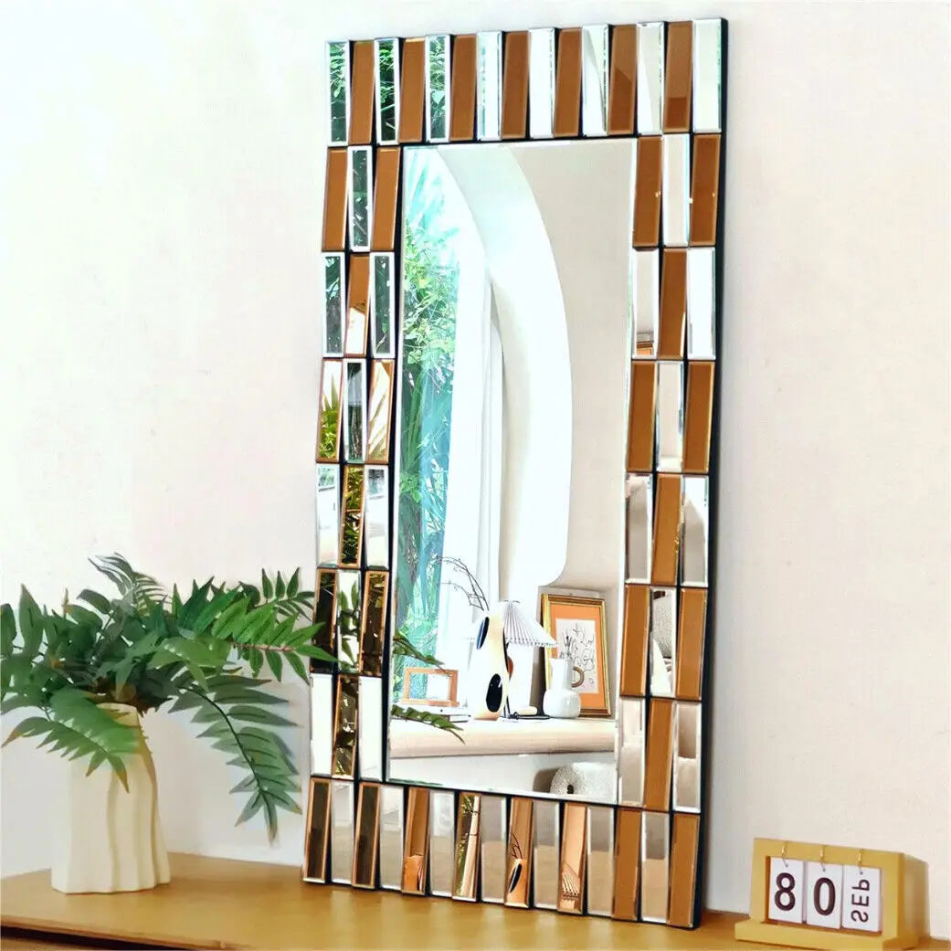 Rectangular Sunburst Wall Mirror – Silver & Tawny Beveled Glass Accent Mirror, Vertical or Horizontal Hanging