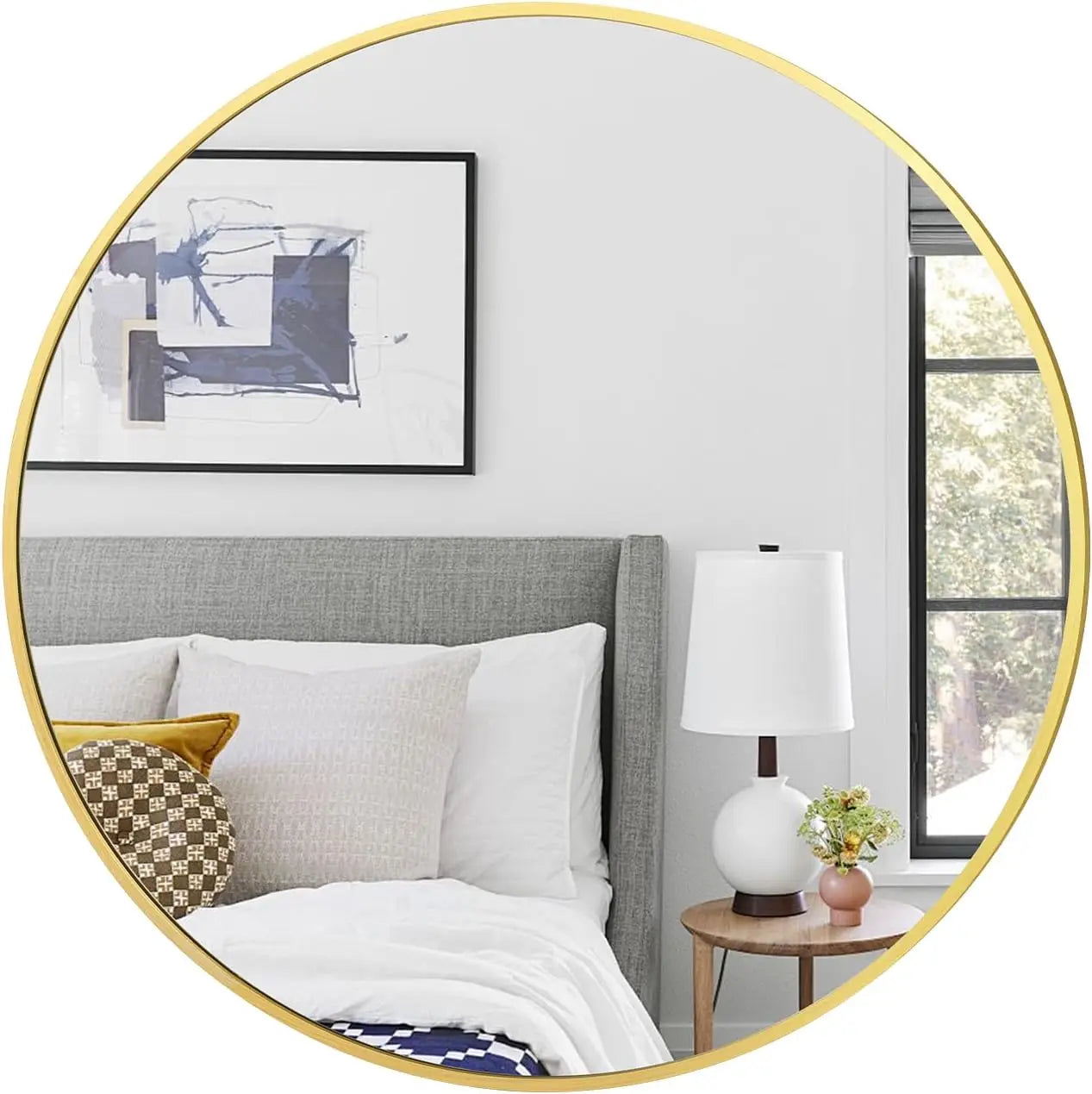 30" Round Gold Wall Mirror – Brushed Metal Frame & Tempered Glass