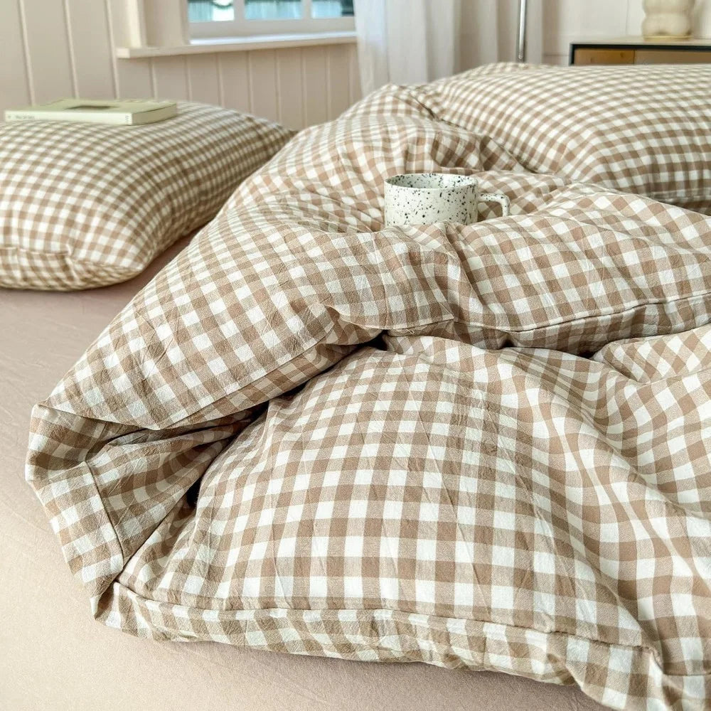 Queen Size Plaid Duvet Cover Set – Soft 100% Washed Cotton