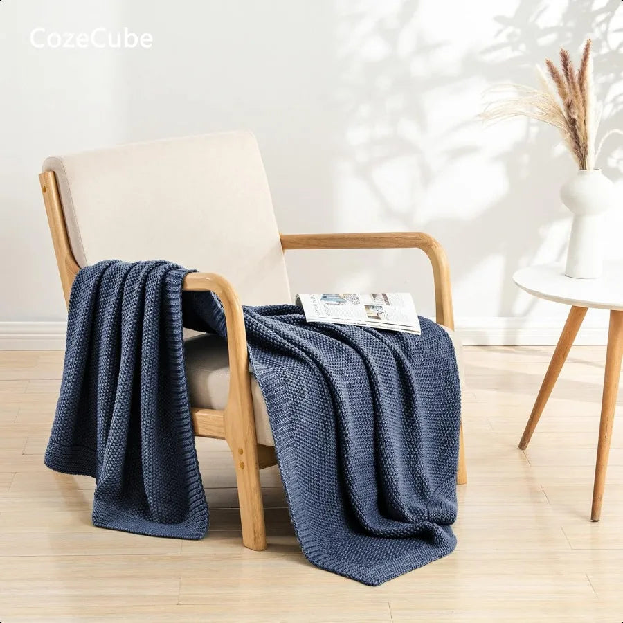 Blue Cable Knit Throw Blanket – Soft Cotton, Cozy & Lightweight