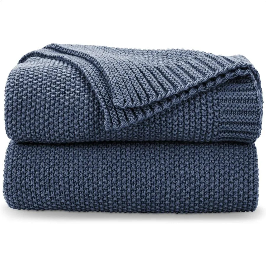 Blue Cable Knit Throw Blanket – Soft Cotton, Cozy & Lightweight