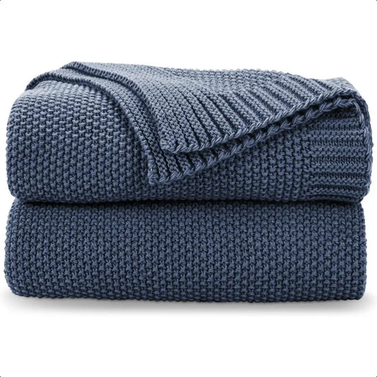 Blue Cable Knit Throw Blanket – Soft Cotton, Cozy & Lightweight