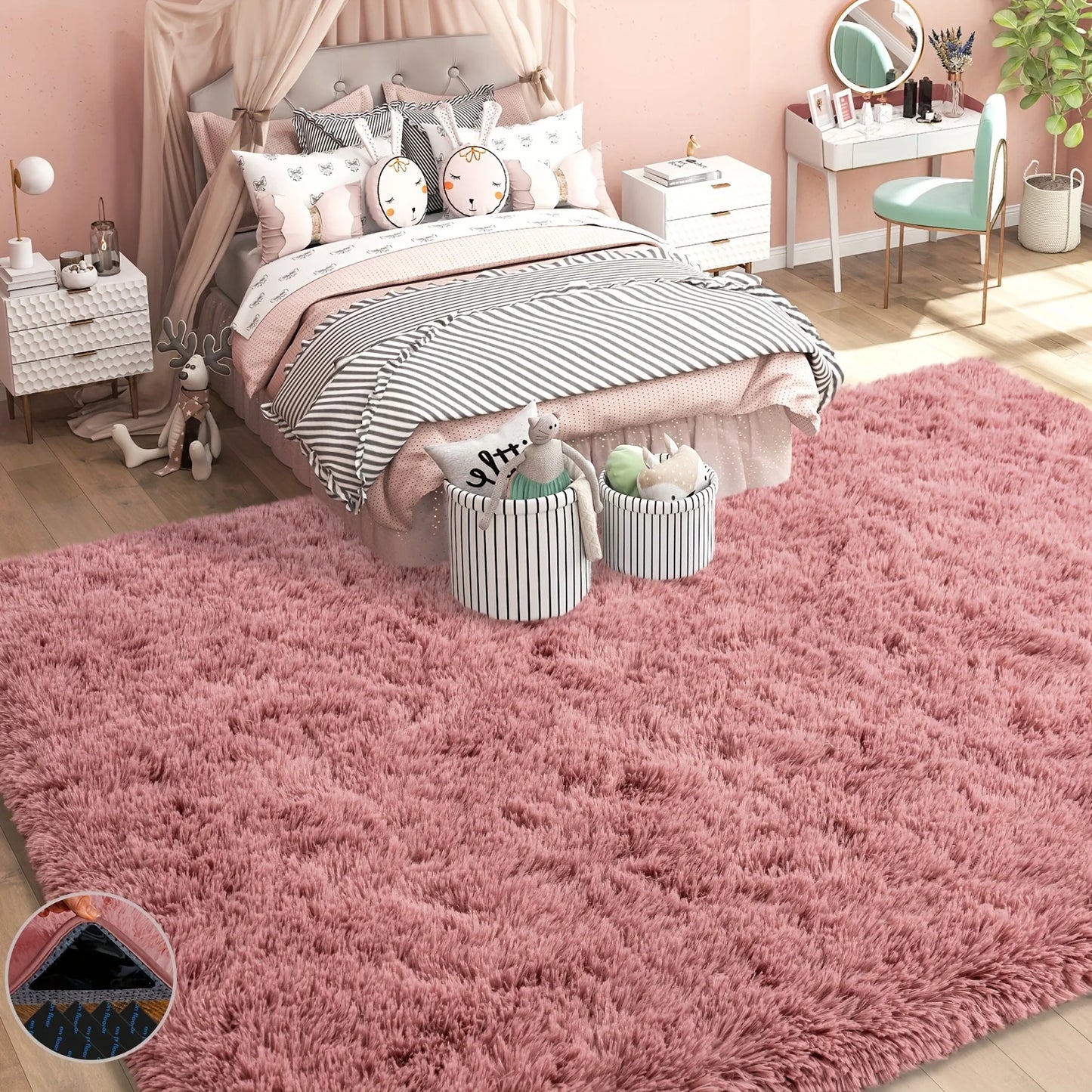 Bean Paste Color Fluffy Plush Non-Slip Carpet – Soft Area Rug with 4 Stickers
