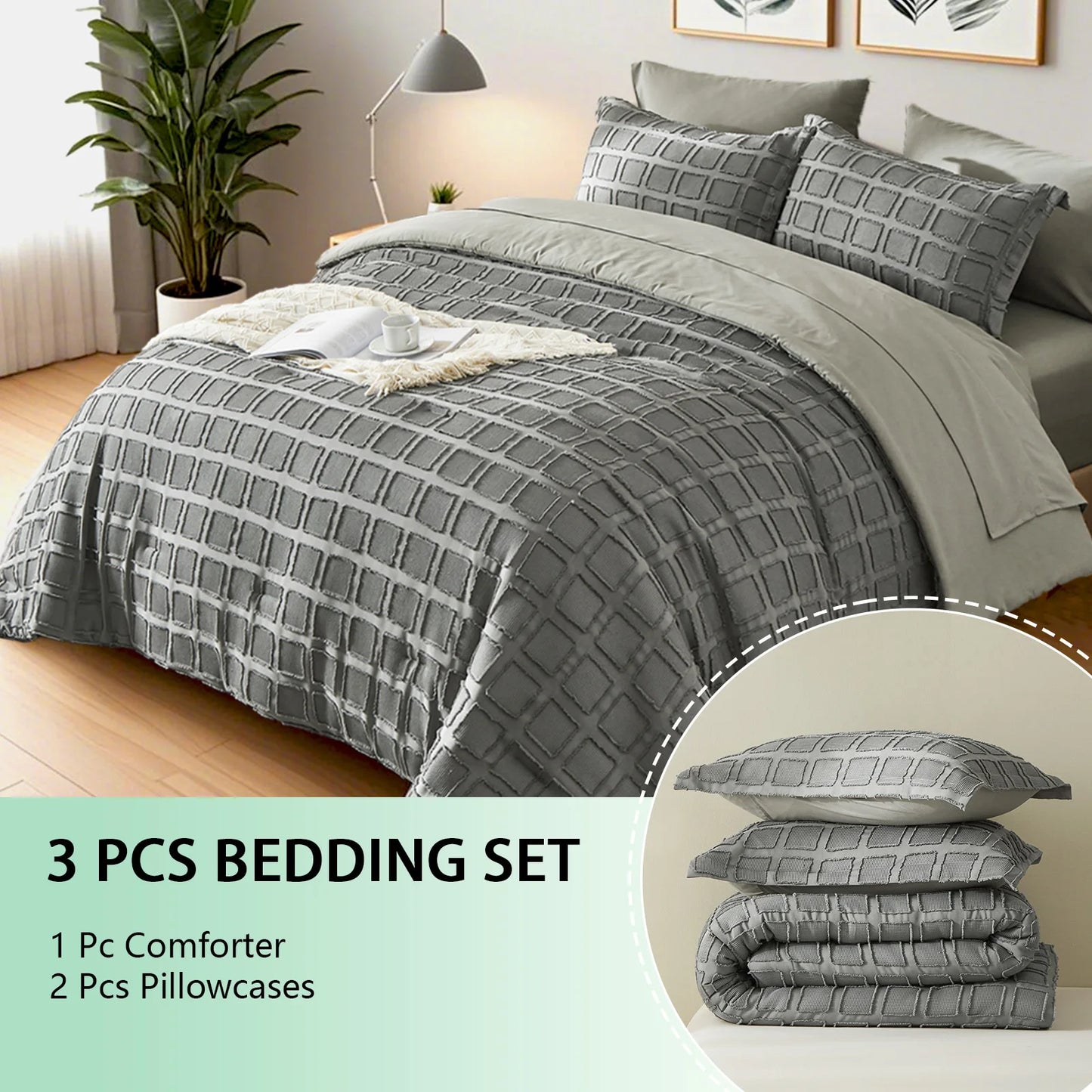 Queen Solid Color Cut Flower Comforter Set – Lightweight, Breathable Microfiber Bedding, All-Season