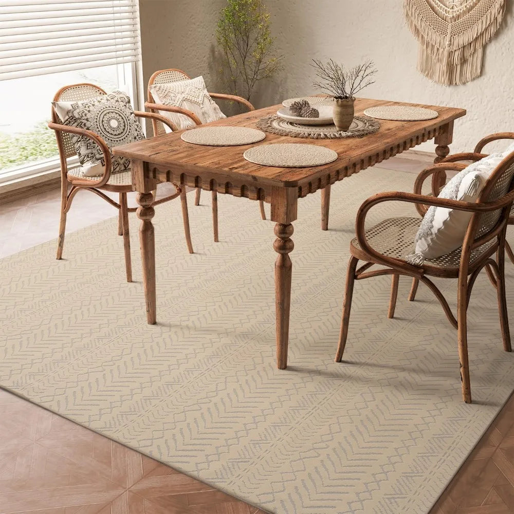 Boho Khaki Washable Area Rug 6x9 – Non-Slip 3D Moroccan Living Room Carpet
