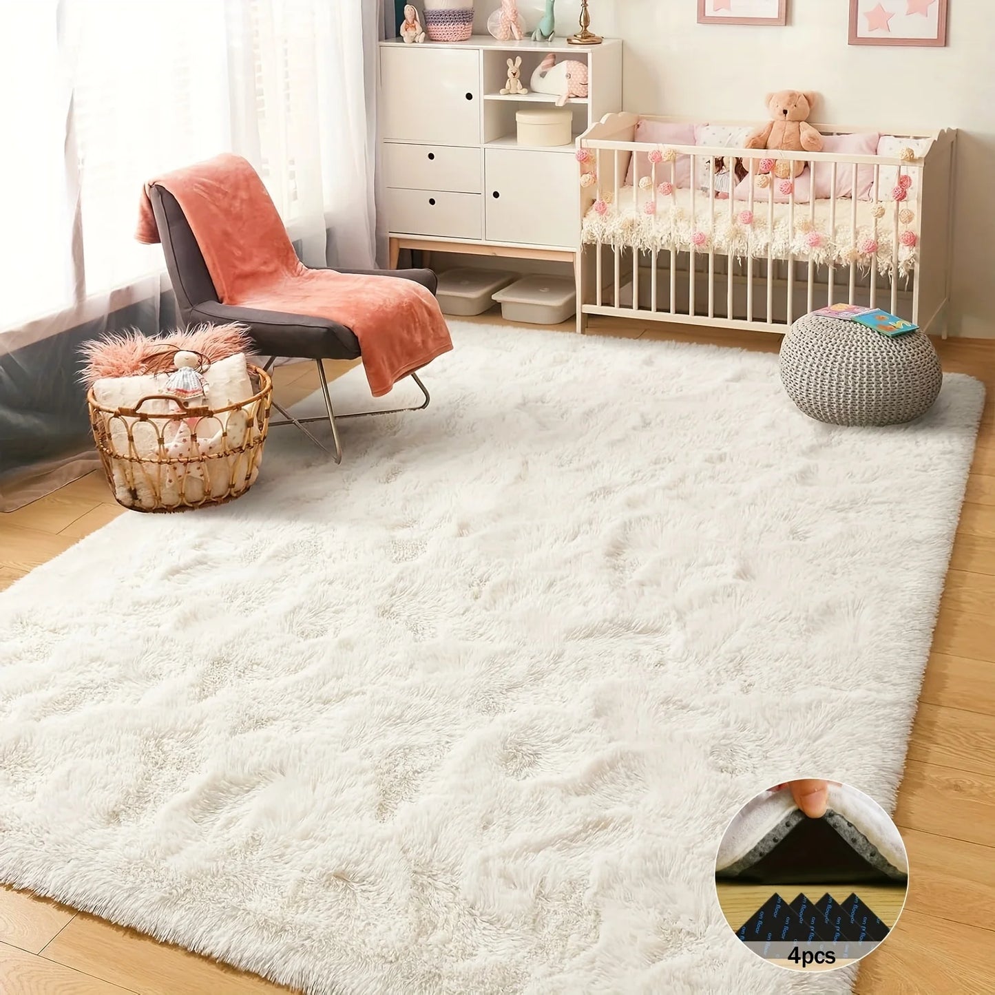 Off-White Soft Shag Rug Luxury Plush Non-Slip Carpet with 4 Stickers