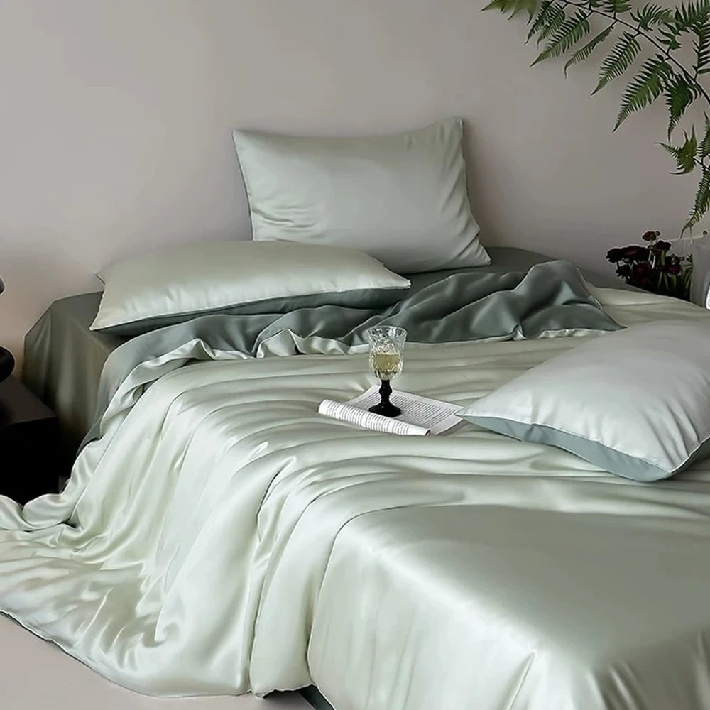 Liv Esthete 100% Silk 4-Piece Bedding Set – White Blue | Duvet Cover, Flat Sheet & 2 Pillowcases