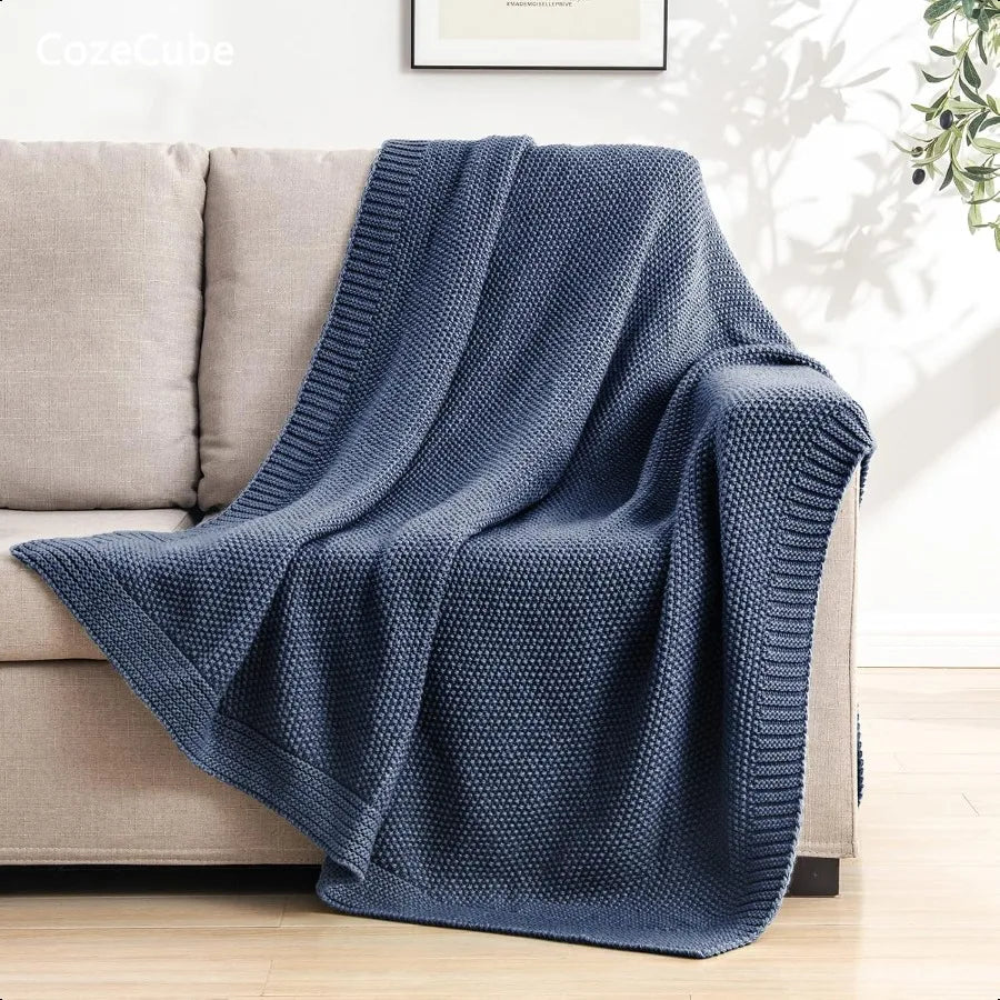 Blue Cable Knit Throw Blanket – Soft Cotton, Cozy & Lightweight