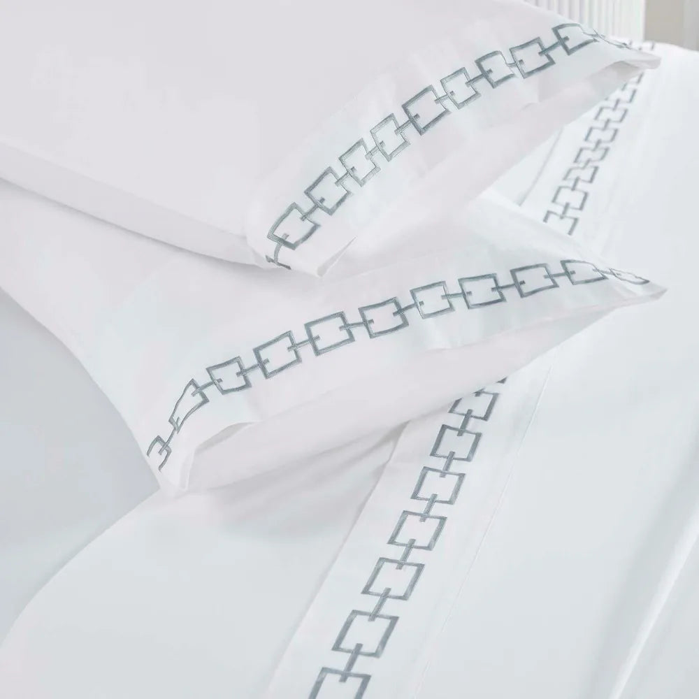 White & Silver Chain Link Embroidered 100% Cotton King Sheet Set | Luxury Sateen Bedding