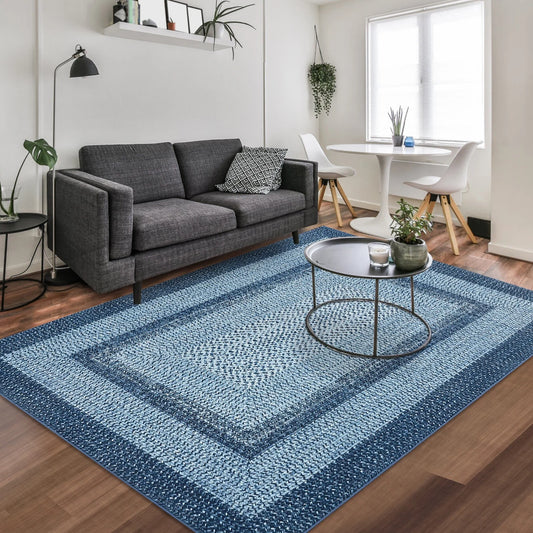 Braided Print Washable Area Rug – Soft Low Pile Non-Slip Carpet