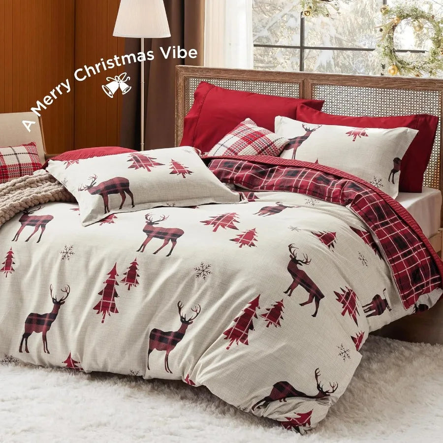 Christmas Buffalo Check Duvet Cover Set – Reversible Holiday Plaid Bedding, 3-Piece (Queen)