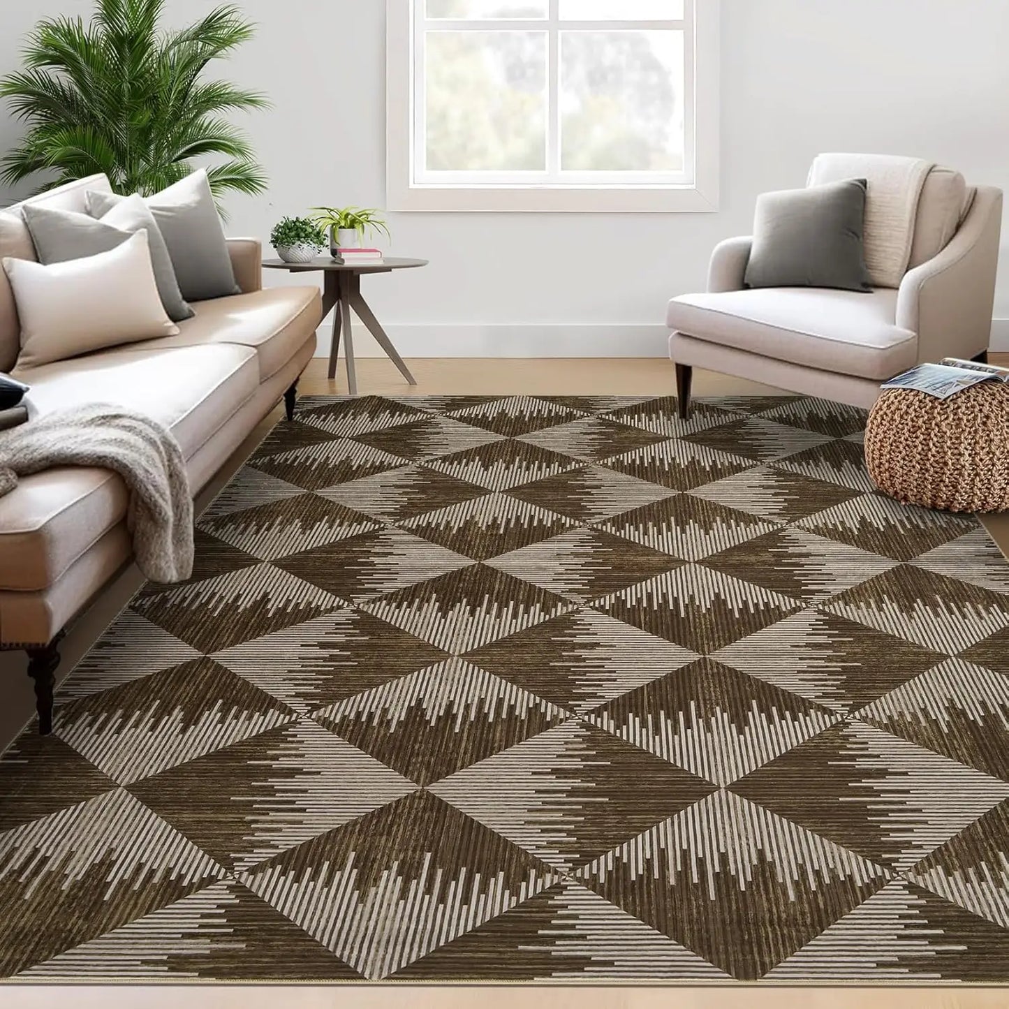 Modern Neutral Washable Area Rug – Low Pile Farmhouse Carpet