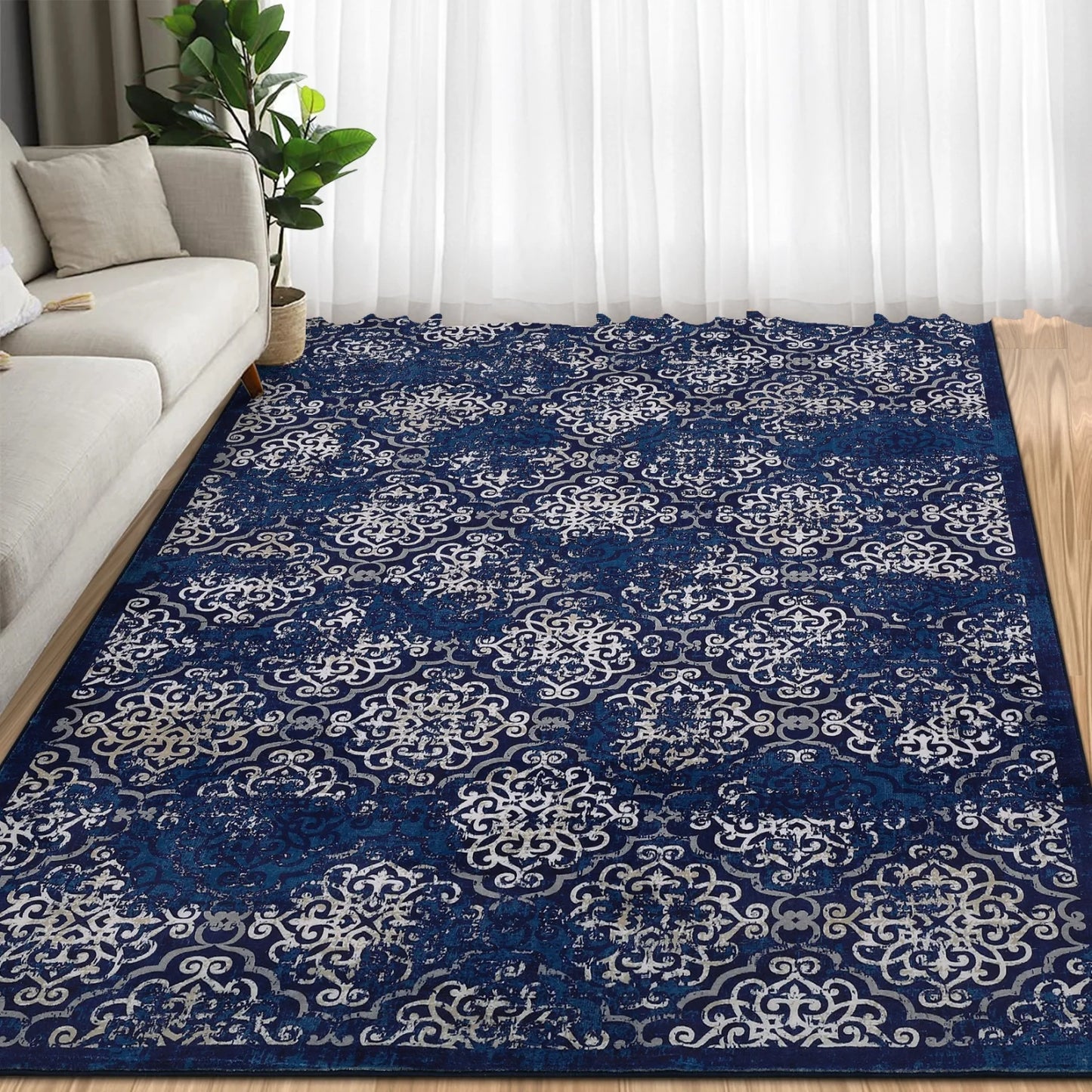 Soft Floral Washable Area Rug – Large Low Pile Carpet for Living Room or Bedroom