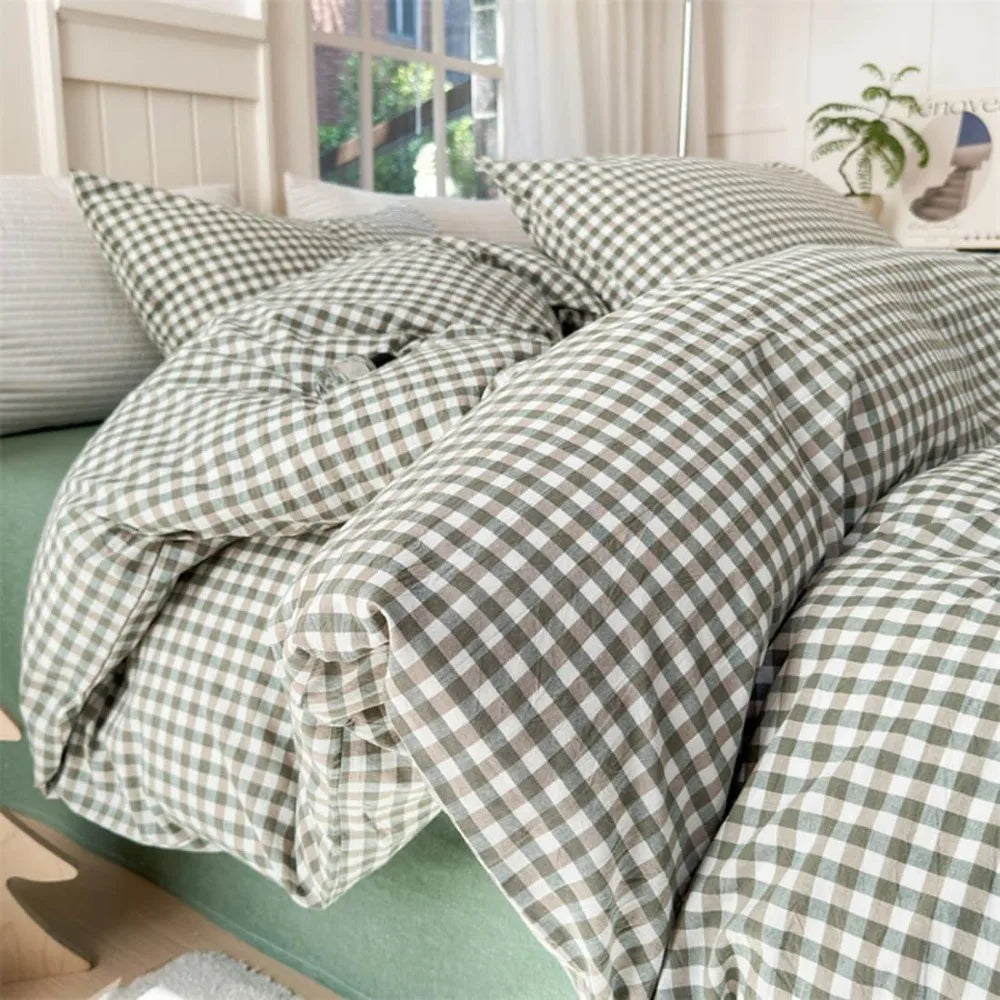 Queen Size Cotton Plaid Duvet Cover Set – Washed Green Gingham 3-Piece Bedding 🍃🛏️