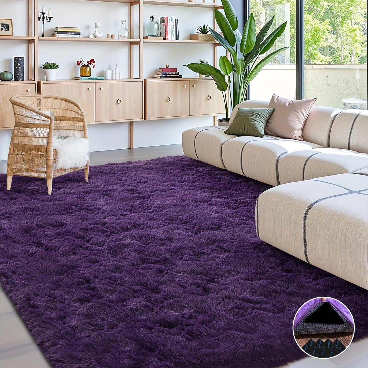 Purple Soft Shaggy Non-Slip Rug – Plush Area Carpet with 4 Stickers