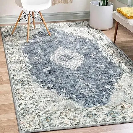 Large 8x10 Bohemian Area Rug – Soft Blue Washable Living Room Carpet with Non-Slip Abstract Design