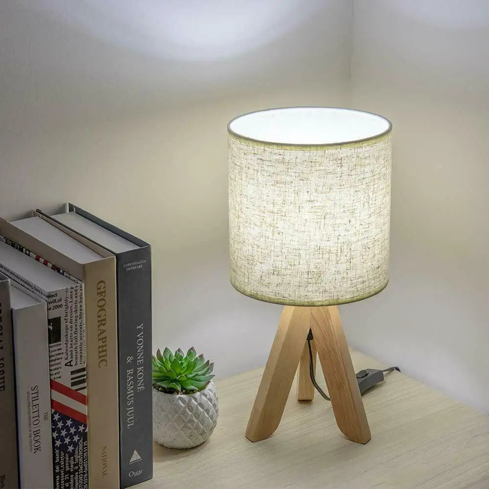 Wooden Bedside Table Lamp with Linen Shade – Modern Nightstand & Desk Lamp