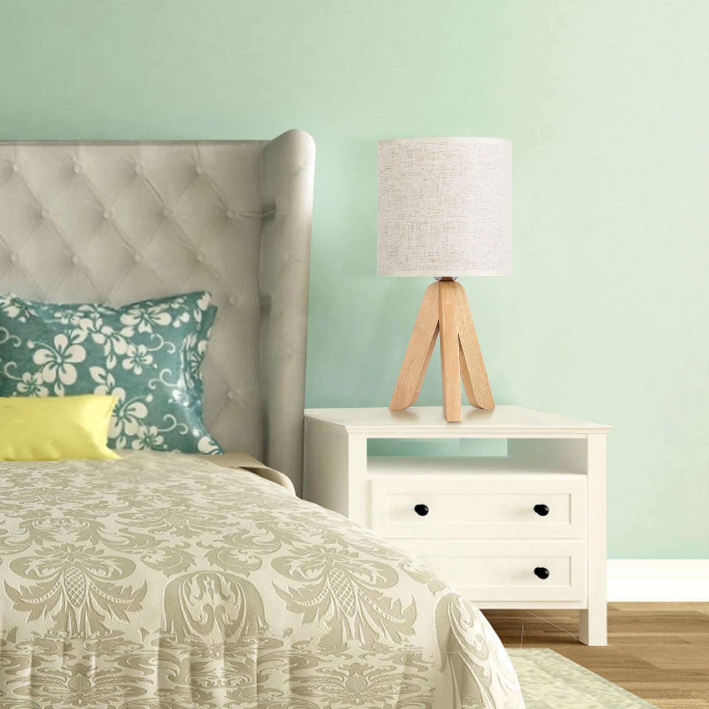 Wooden Bedside Table Lamp with Linen Shade – Modern Nightstand & Desk Lamp