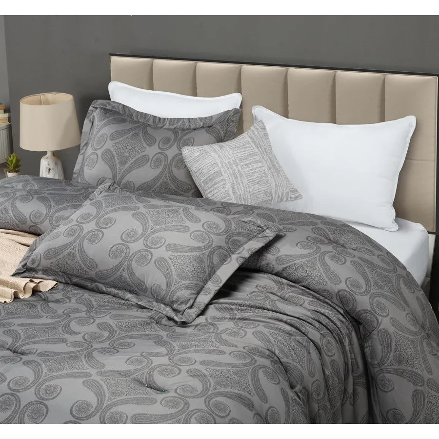 Paisley Grey Floral Comforter Set – Lightweight 3-Piece Queen Down-Alternative Bedding