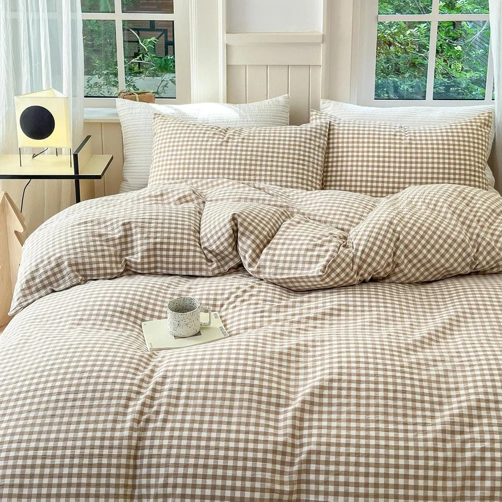 Queen Size Plaid Duvet Cover Set – Soft 100% Washed Cotton