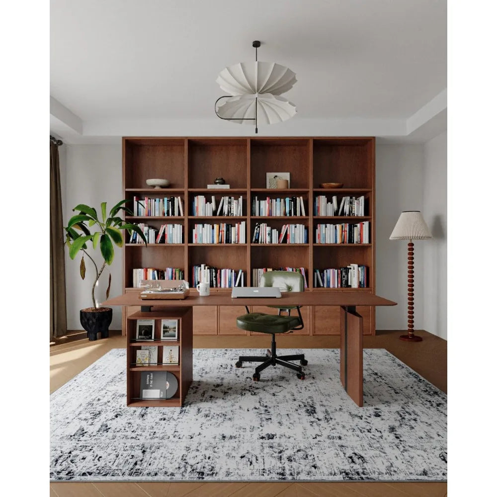 Large 8x10 Living Room Rug – Washable Grey and White Vintage Abstract Boho Low Pile Carpet with Non-Slip Backing