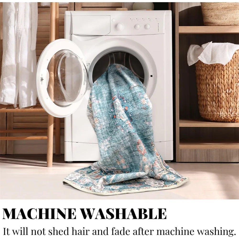 Large 8x10 Bohemian Area Rug – Soft Blue Washable Living Room Carpet with Non-Slip Abstract Design