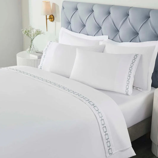 White & Silver Chain Link Embroidered 100% Cotton King Sheet Set | Luxury Sateen Bedding