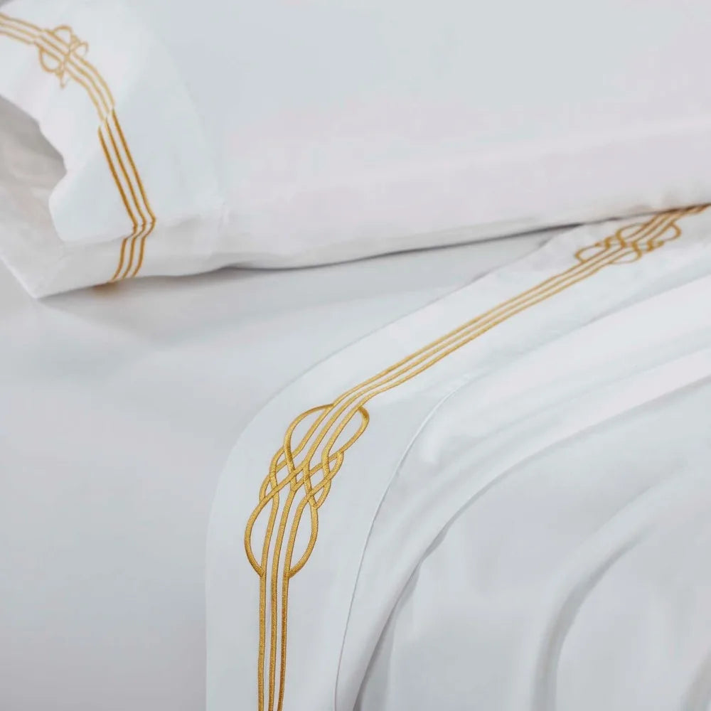 Luxury Cotton Bed Sheet Set – Queen Size, White & Gold Sateen