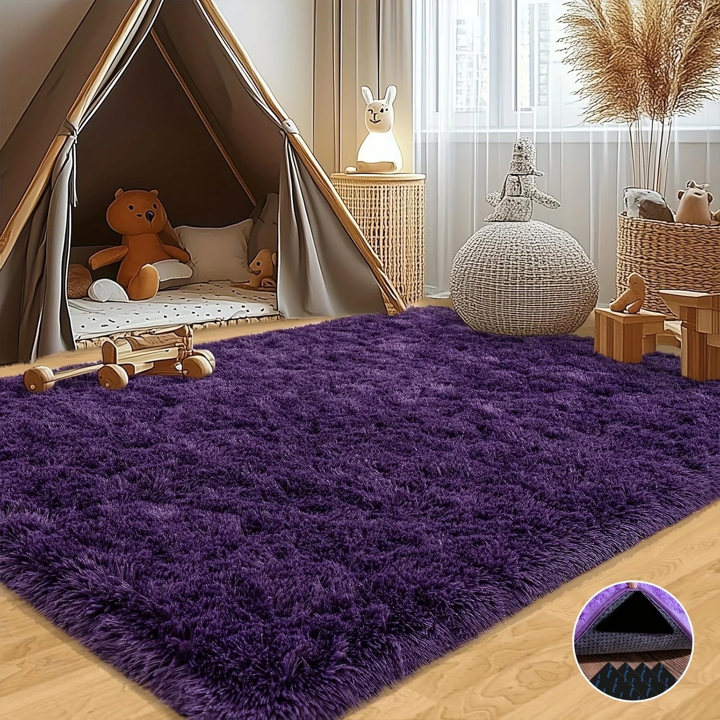 Purple Soft Shaggy Non-Slip Rug – Plush Area Carpet with 4 Stickers