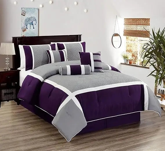 7-Piece Embroidered Oversized Comforter Set – Elegant Purple & Grey All-Season Bedding