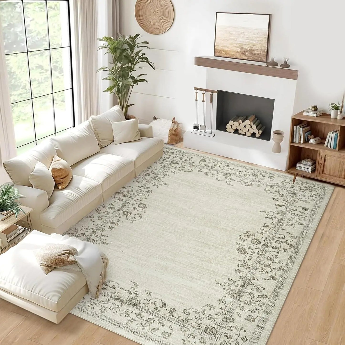 Washable Area Rug Farmhouse Floral Border Soft Indoor Carpet for Bedroom Living Room Dining Room Office