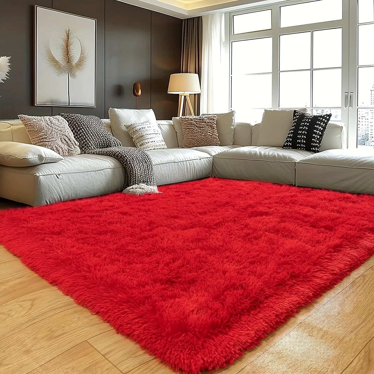 Red Fluffy Plush Non-Slip Carpet – Soft Area Rug with 4 Stickers