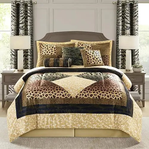 Brown & Gold Leopard King Comforter Set – 9-Piece Safari Animal Print Bedding with Bed Skirt, Pillows & Curtains