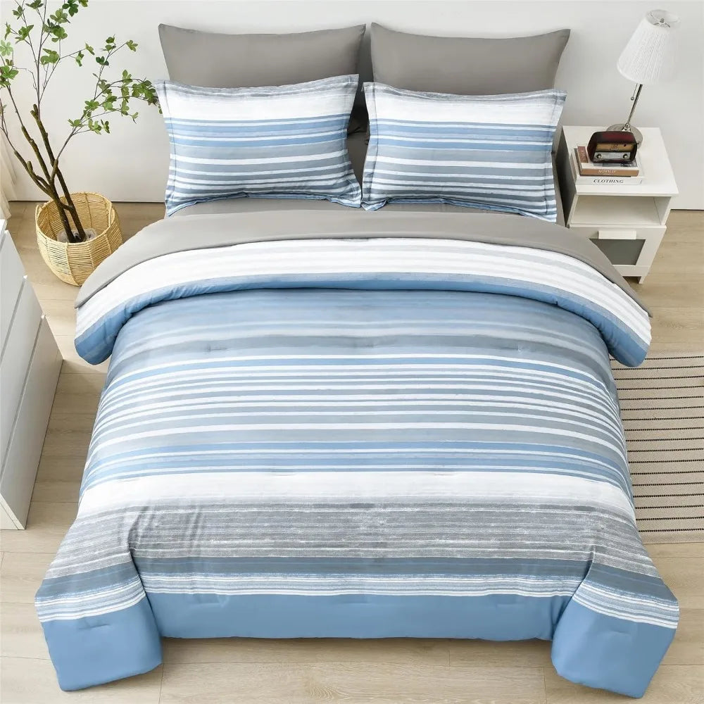 Full Size 7-Piece Striped Comforter Set – White, Grey & Blue All-Season Bedding Set with Sheets and Pillowcases