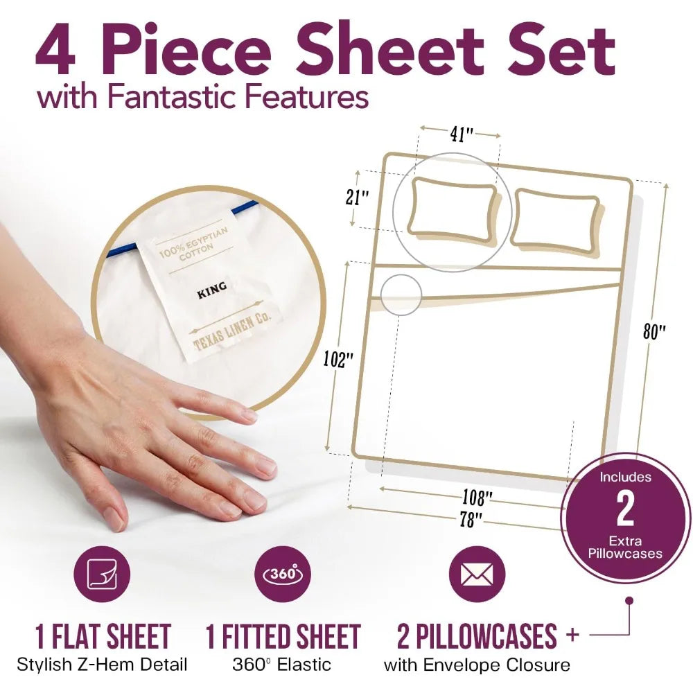 Luxury 100% Egyptian Cotton Sheet Set – 4 Piece King Size (Light Grey)